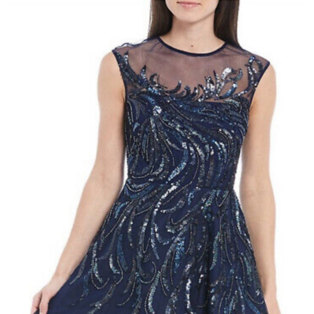 Aidan Mattox Illusion Jewel Neck Beaded Sequin Mesh Dress Navy Blue 14